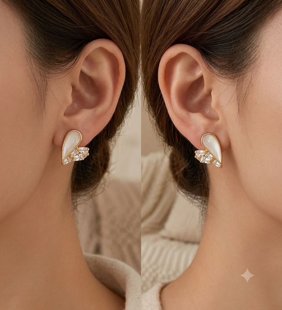 Asymmetric Pearl & Crystal Heart Stud Earrings