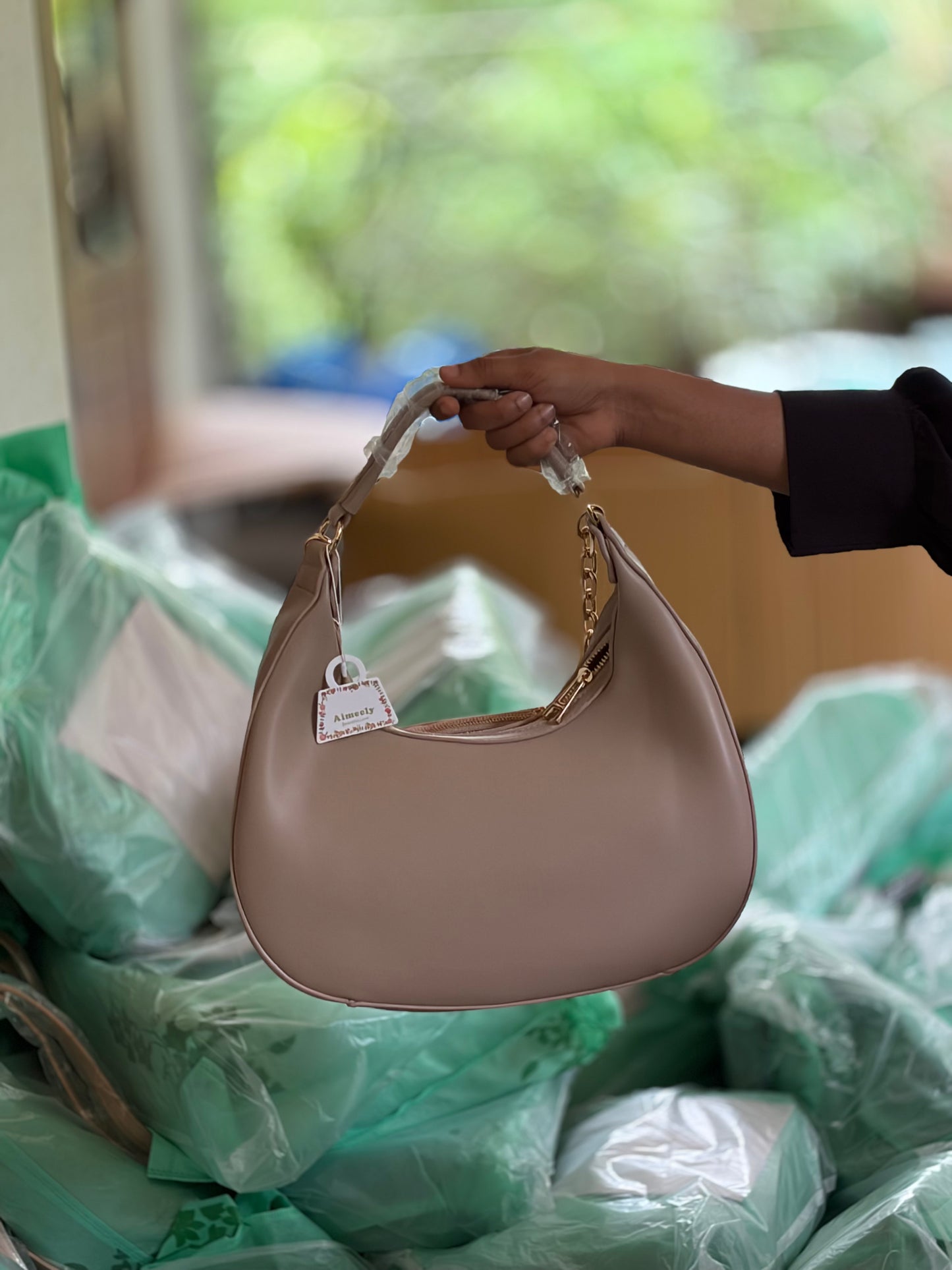 Beige Hobo Handbag with Matching Floral Pouch