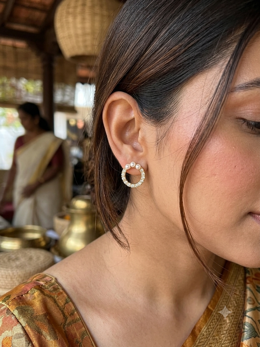 Gold-Plated Pearl &amp; Crystal Round Stud Earrings for Women