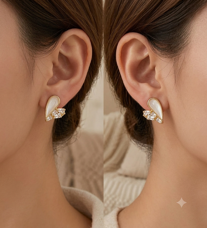 Asymmetric Pearl &amp; Crystal Heart Stud Earrings
