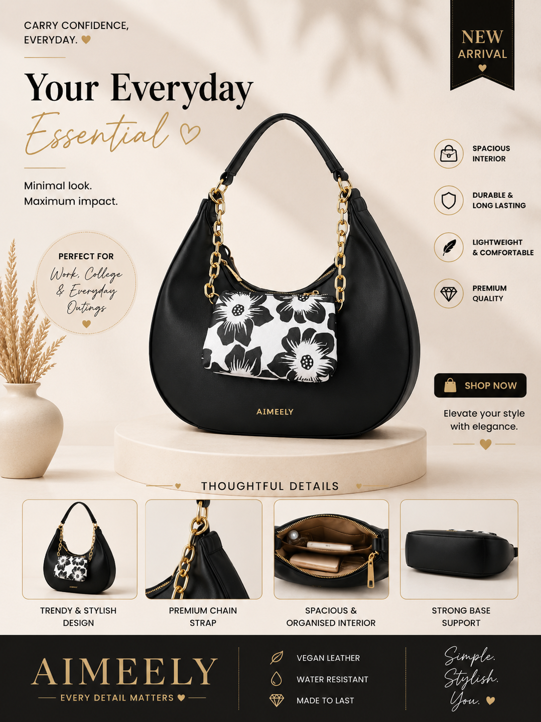 Classic Black Shoulder Bag with Pouch