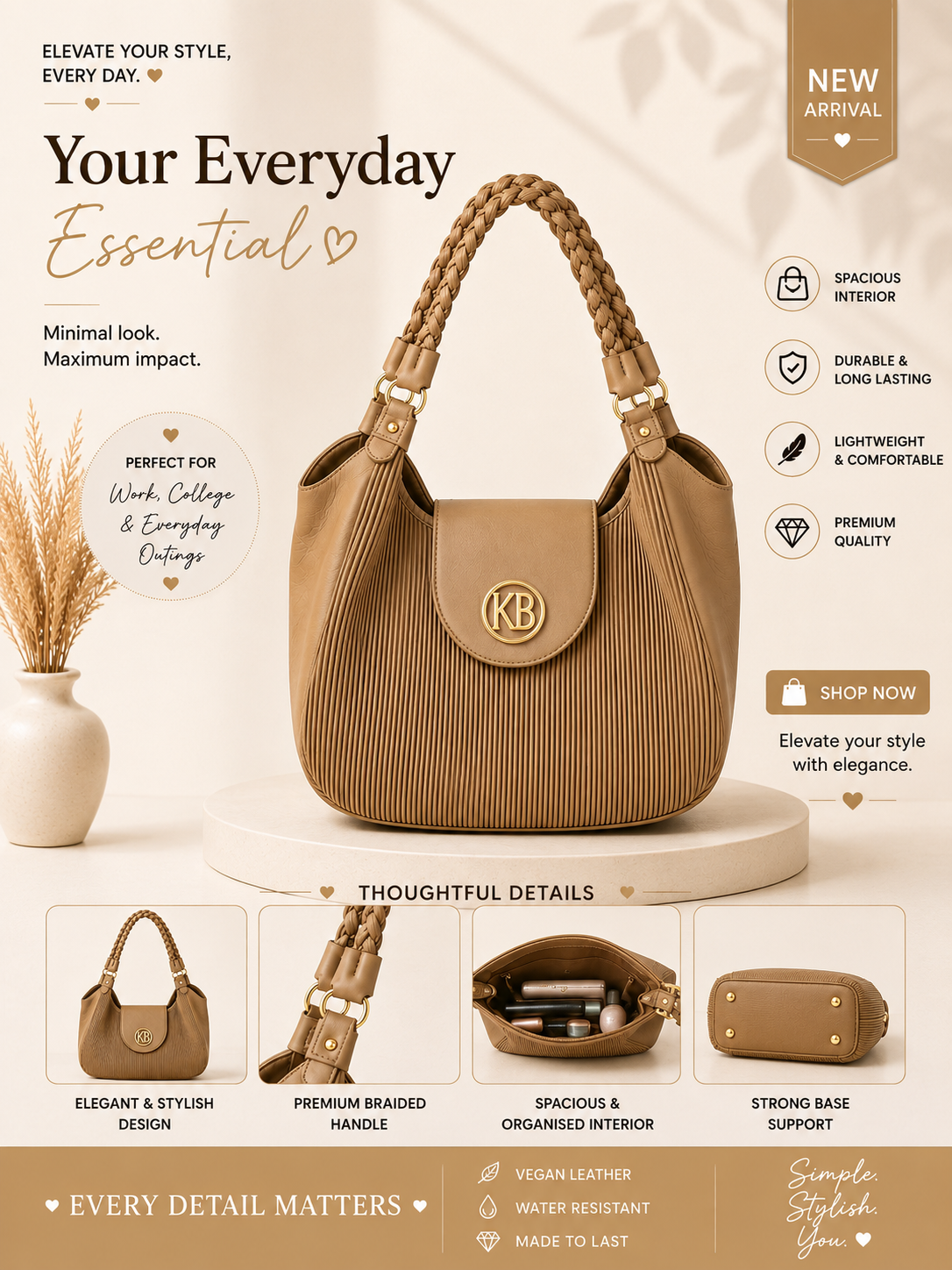 Pleated Shoulder Handbag – French Beige