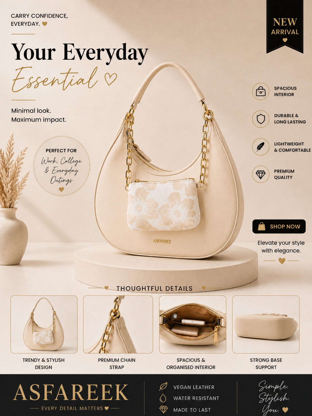 Elegant Crescent Shoulder Bag with Matching Floral Pouch