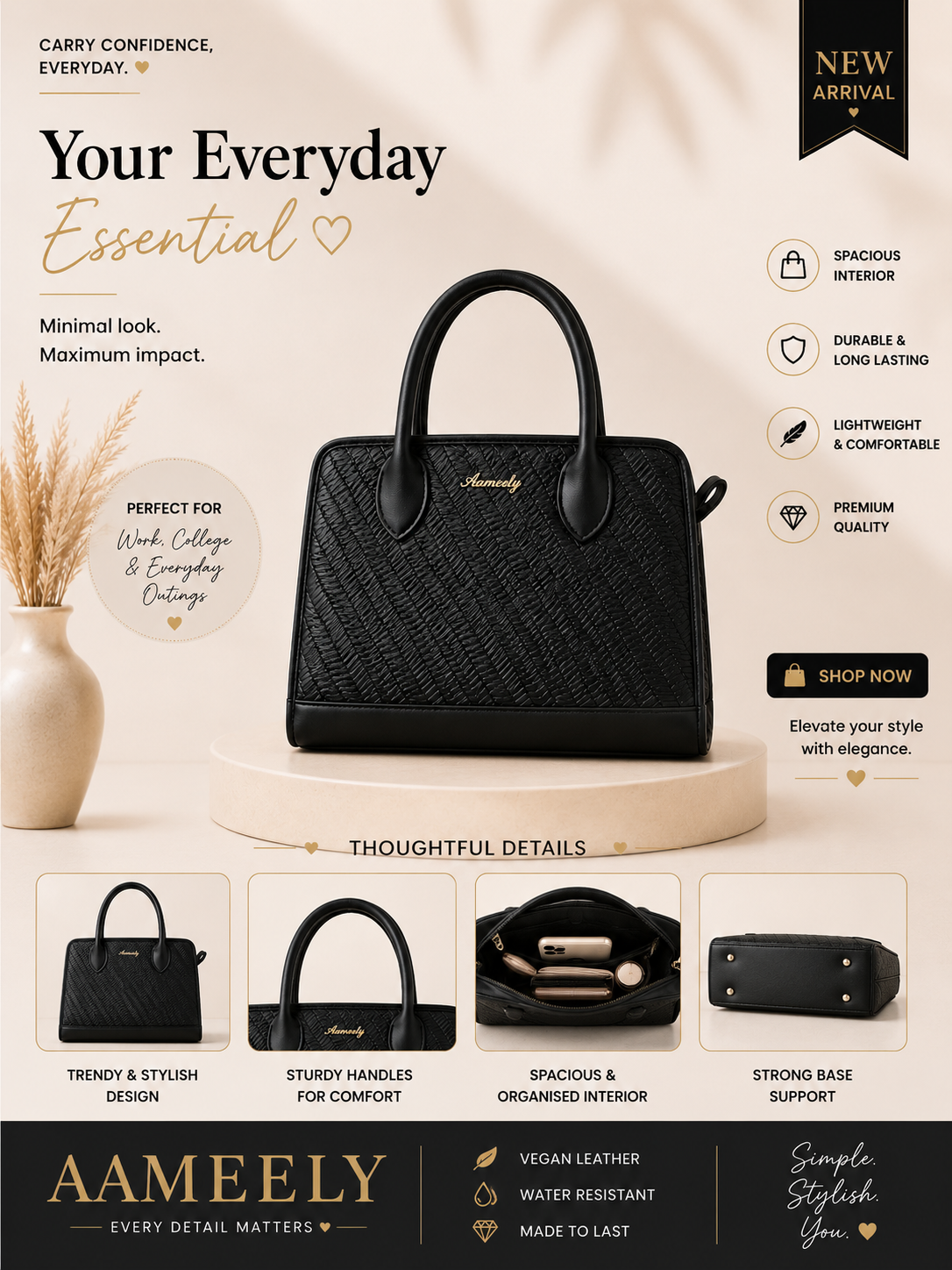 Aameelly Textured Black Structured Handbag