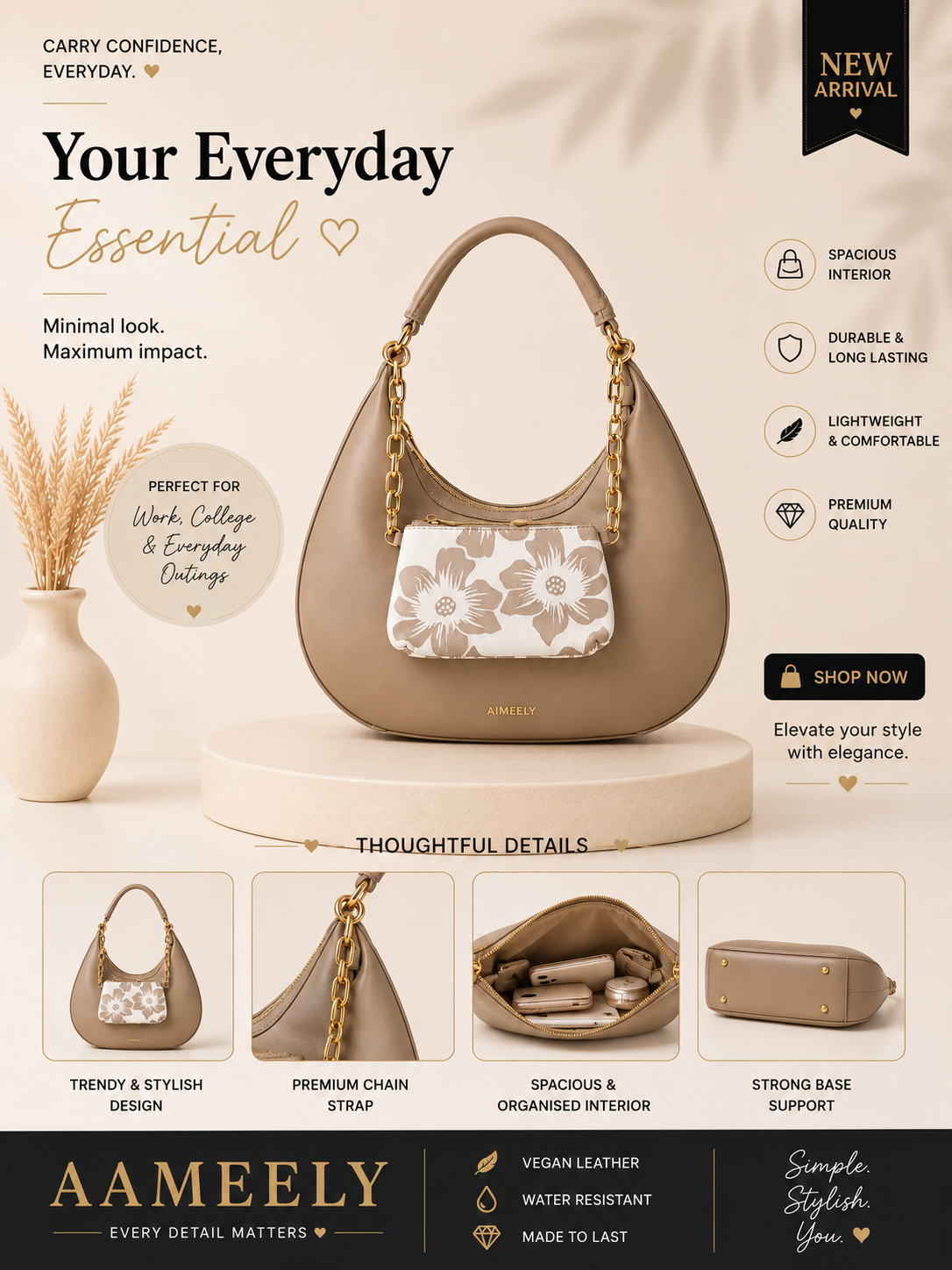 Beige Hobo Handbag with Matching Floral Pouch