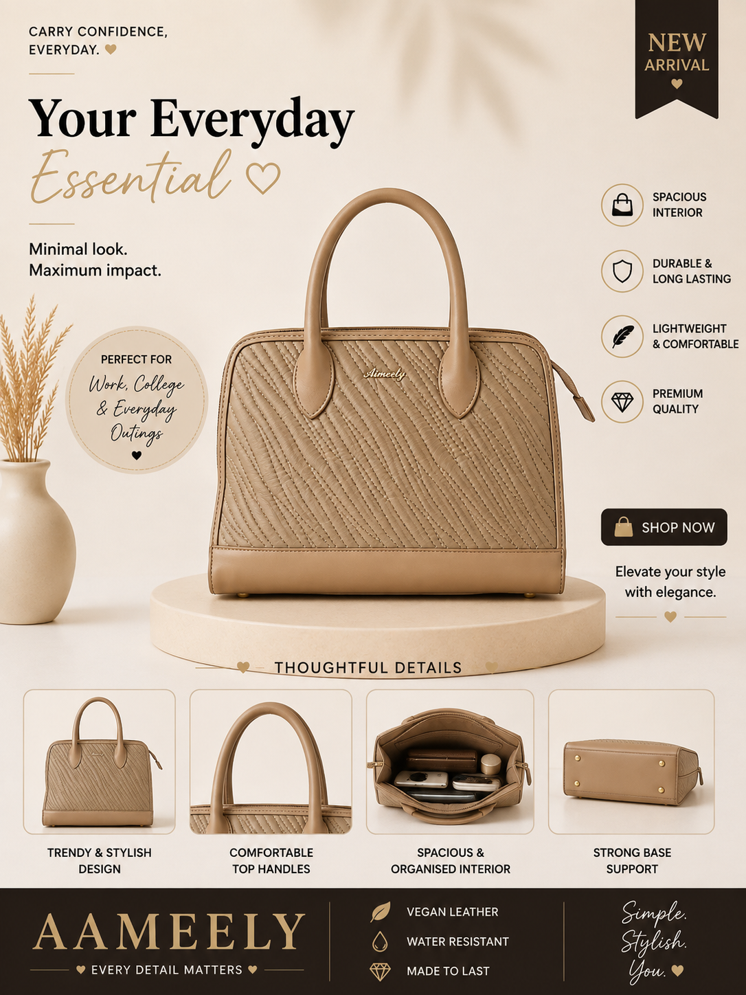 Elegant Quilted Tote Handbag – Beige