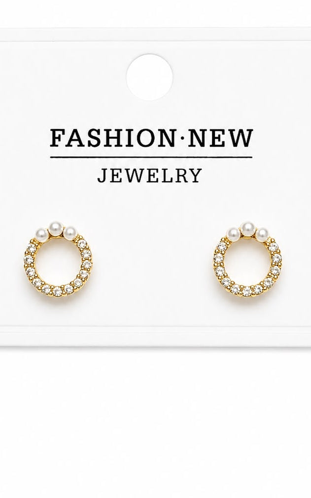 Gold-Plated Pearl &amp; Crystal Round Stud Earrings for Women
