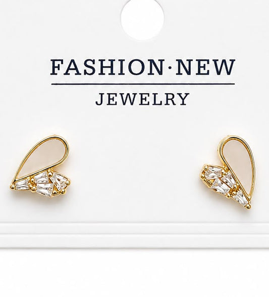 Asymmetric Pearl &amp; Crystal Heart Stud Earrings