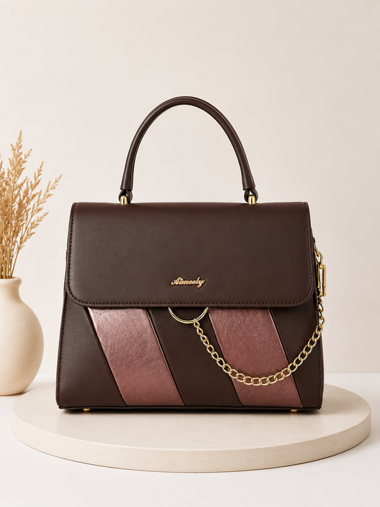 Women's Elegant Brown Top Handle Handbag with Gold Chain Accent