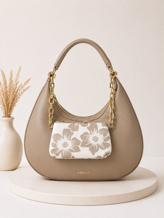 Beige Hobo Handbag with Matching Floral Pouch