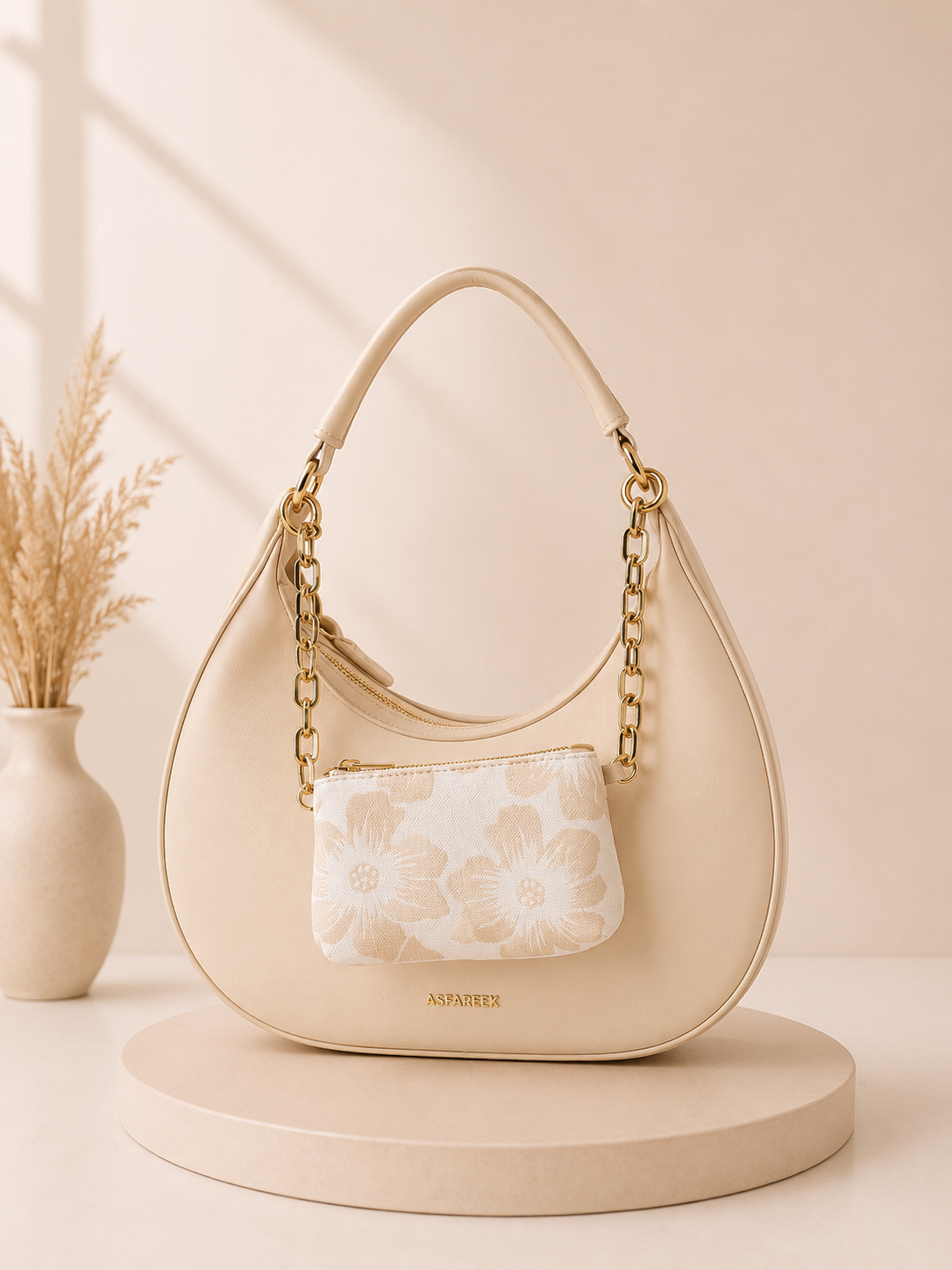 Elegant Crescent Shoulder Bag with Matching Floral Pouch