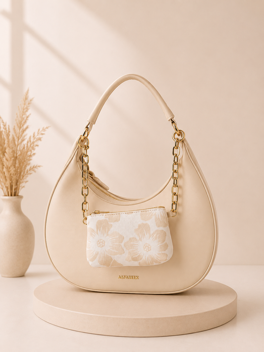 Elegant Crescent Shoulder Bag with Matching Floral Pouch