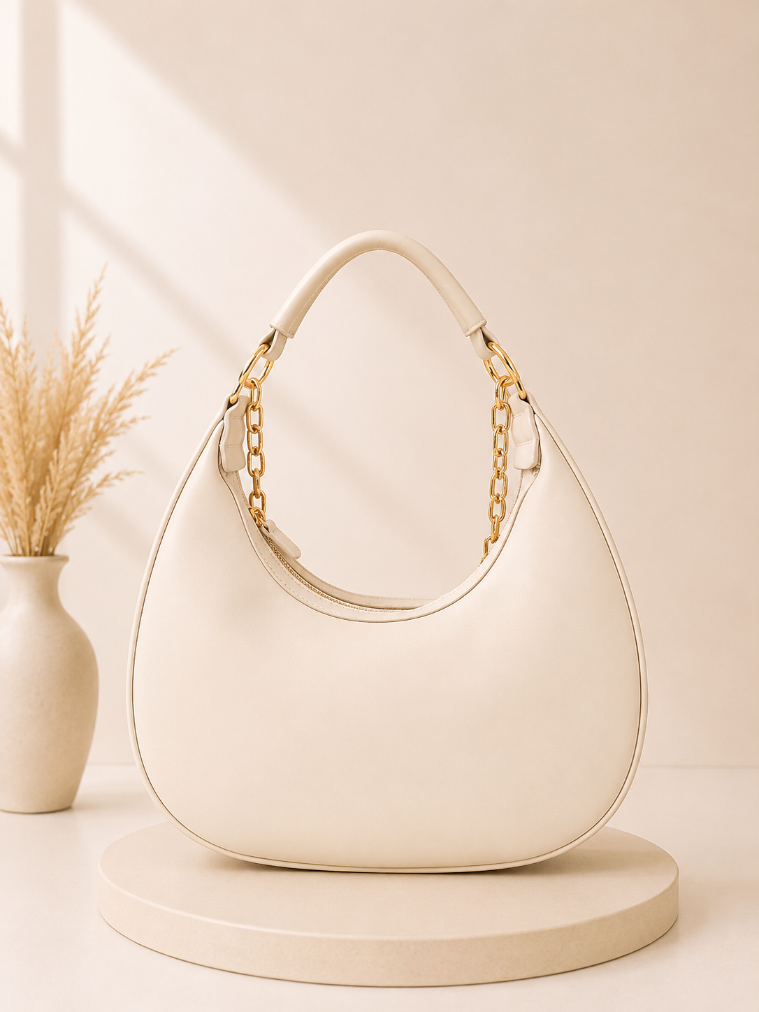 Elegant Crescent Shoulder Bag with Matching Floral Pouch