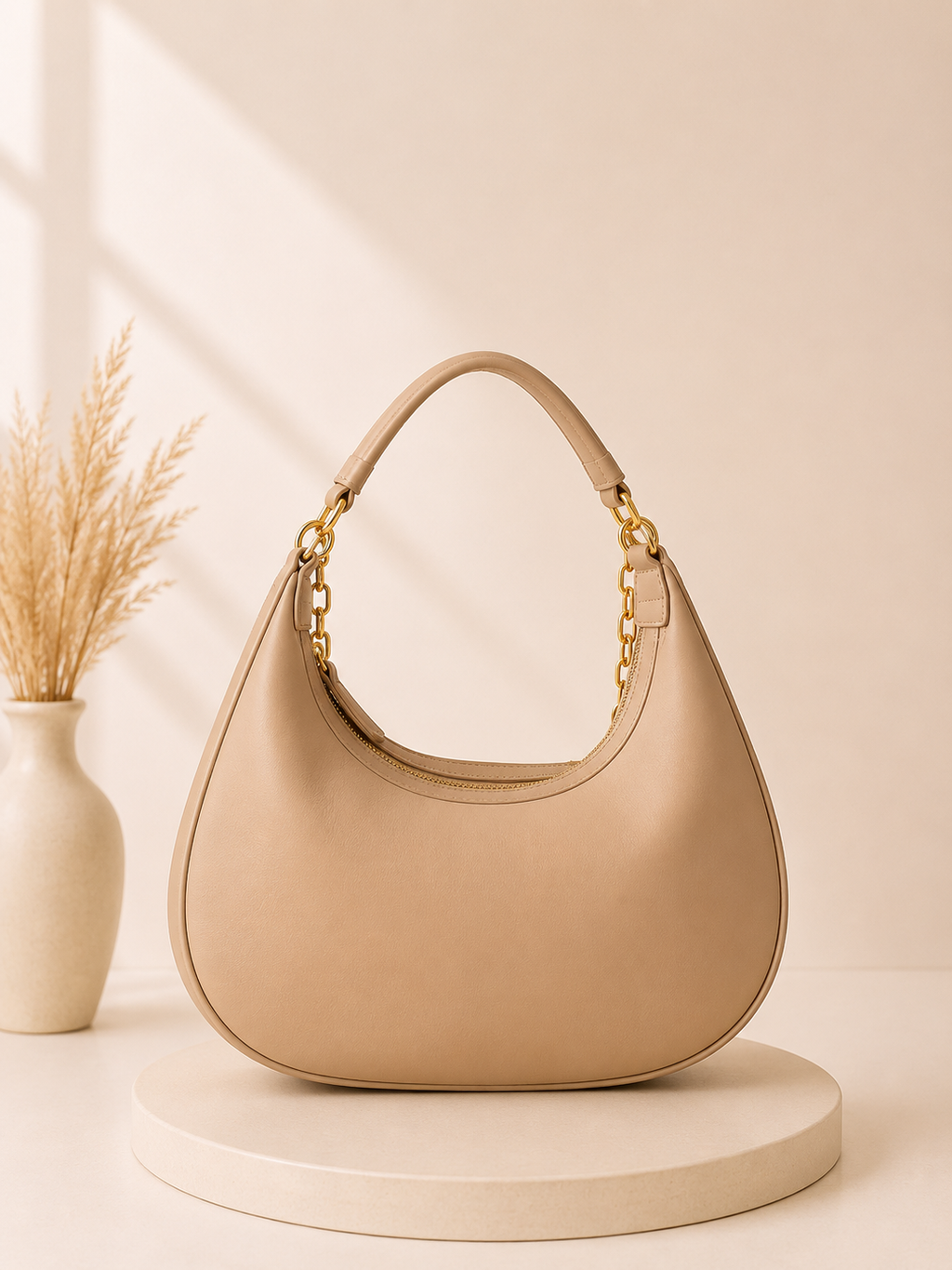 Beige Hobo Handbag with Matching Floral Pouch