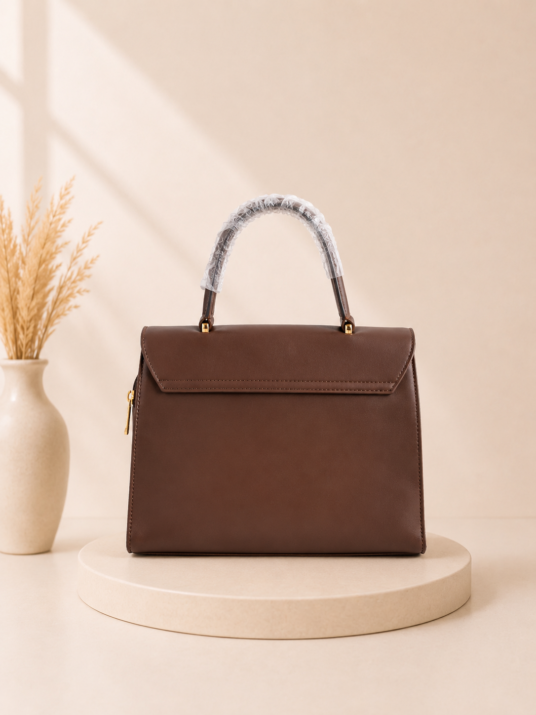 Women's Elegant Brown Top Handle Handbag with Gold Chain Accent