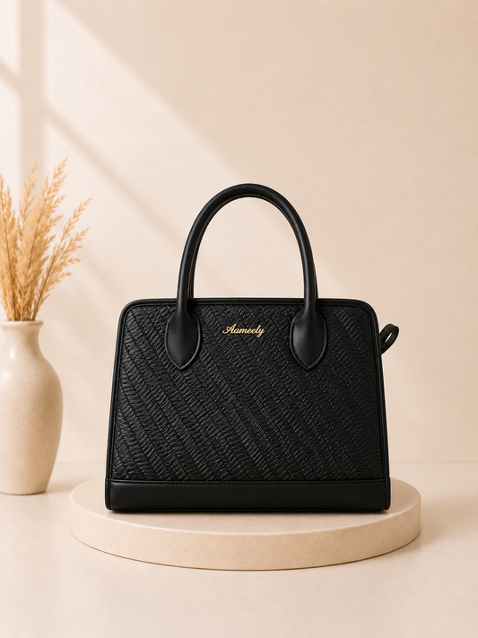 Aameelly Textured Black Structured Handbag