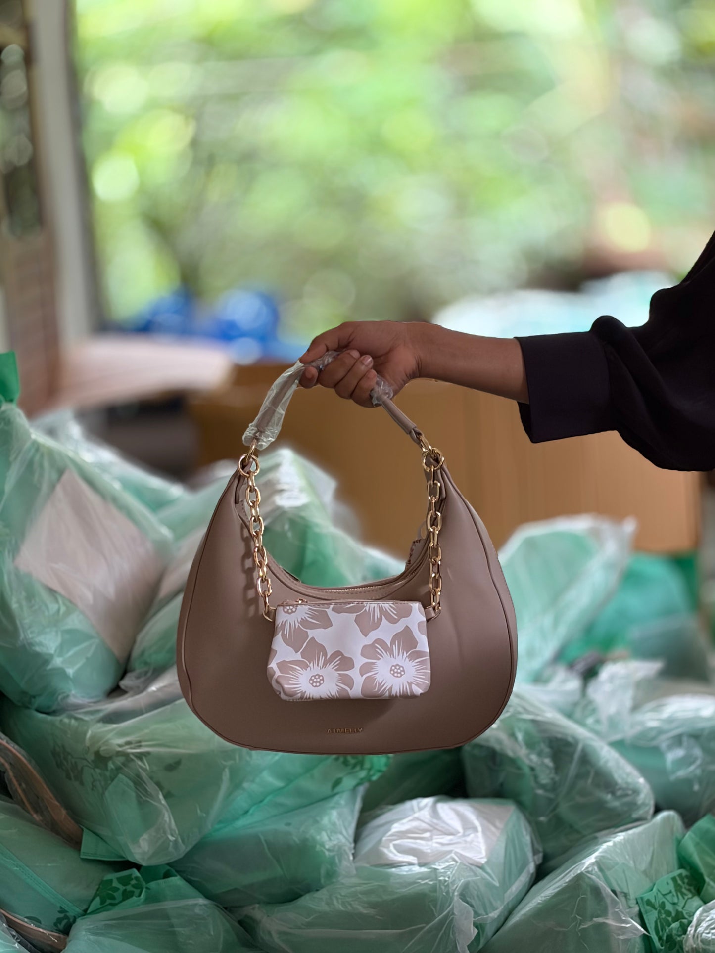Beige Hobo Handbag with Matching Floral Pouch