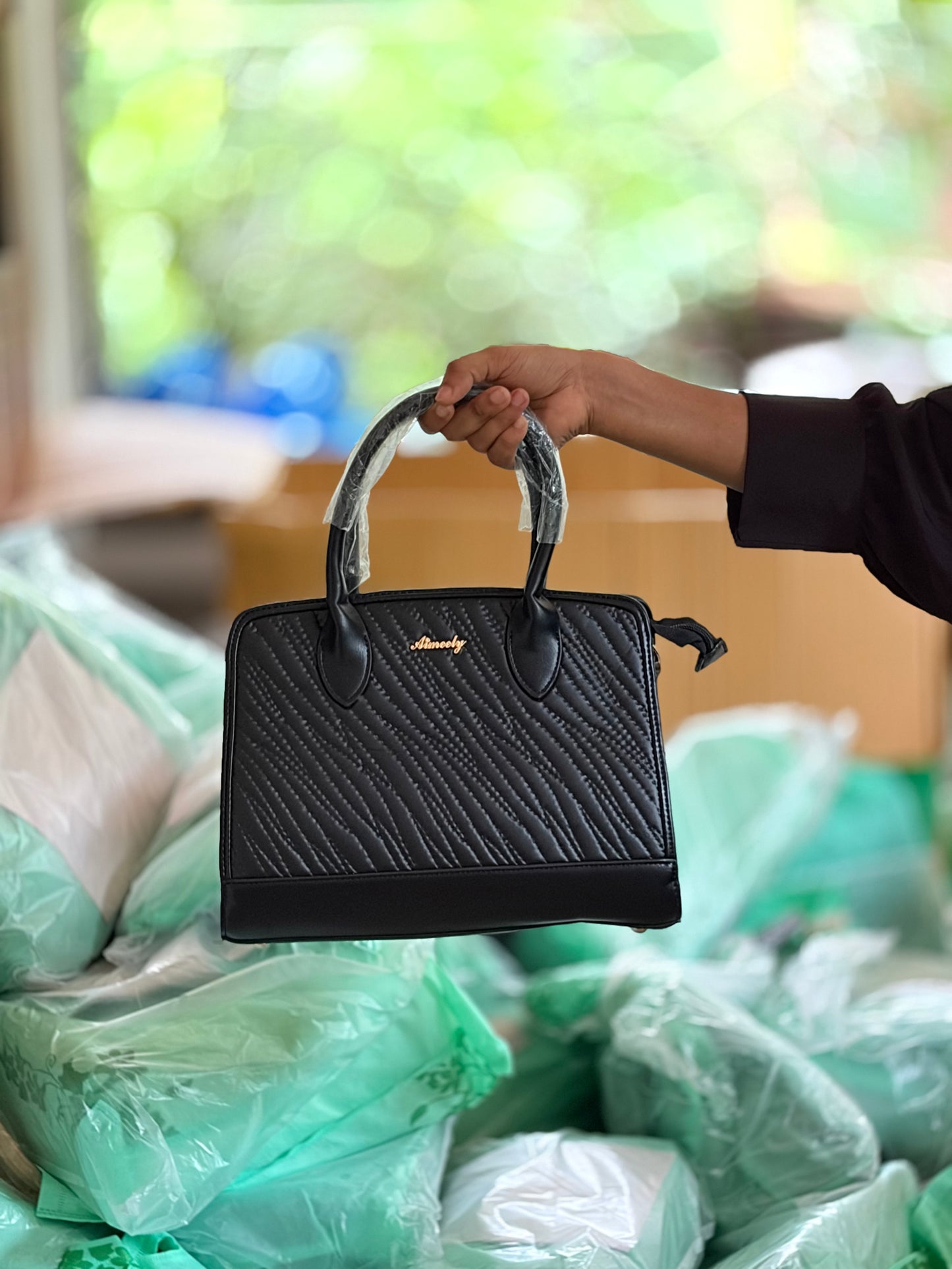 Aameelly Textured Black Structured Handbag
